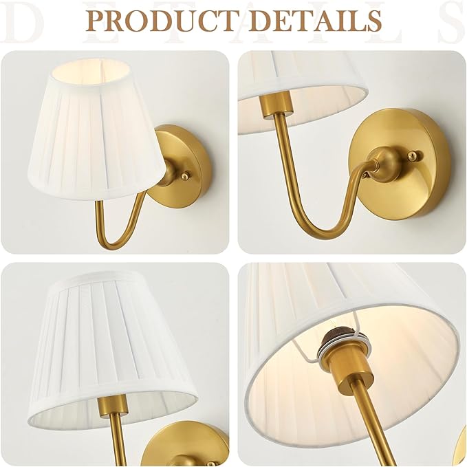 Set of Two Modern Wall Sconces Brass Frabic Wall Lights Contemporary Classic Wall Lamp for Bedside Hallway Vanity Stairway Fireplace Living Room, UL Listed