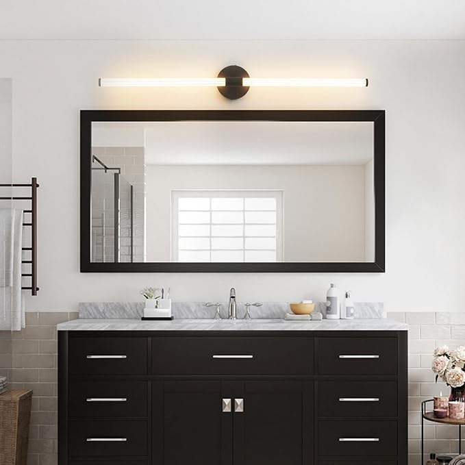Dimmable LED Bathroom Vanity Lights Hardwired 360° Full Lighting Bathroom Light Fixtures Over Mirror Vanity Light Bar Modern Wall Sconce Warm Light for Bedroom Living Room - Black, 39 inch