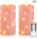 Amagic 3"×6" Easter Decorations Flameless Candles with String Lights, Pink 11-Key Remote & Timer Battery Operated Flickering Led Pillar Candles Real Wax for Home, Lantern Decor, Set of 2