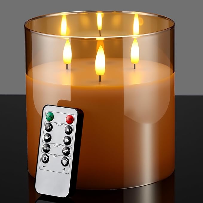 Retisee 6'' x 6'' Extra Large Flameless Candles, 3 Wick Glass Large Candles with Remote Control and Timer Function, Real Wax LED Pillar Flickering for St. Patrick's Spring Party Decor(Gold,1 Pcs)