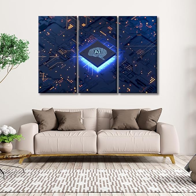 LSIUHWUWI Modern Wall Art 3 Panel Artificial Intelligence Concept Pictures Print on Canvas for Wall Art Decoration, CPU AI Artwork Wooden Framed Ready to Hang 20x40inchx3