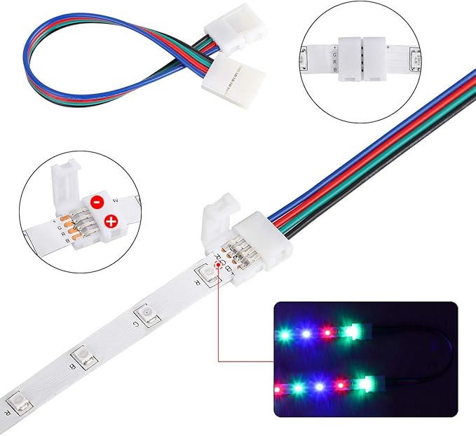 SUPERNIGHT 3528 2835 4 Pin 8mm LED Strip Connector, RGB Rope Lights Connector Kit, Gapless Solderless Clip, 32.8ft Extension Wire Cable, L Shape PCB (for 8mm Width Strip)