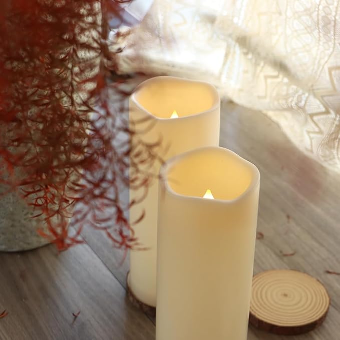 Waterproof Outdoor Battery Operated Flameless Candles with Auto Timer Flickering Plastic Resin Electric LED Pillar Lights for Lantern Patio Garden Wedding Party Decorations 3x8 Inches 2 Pack White