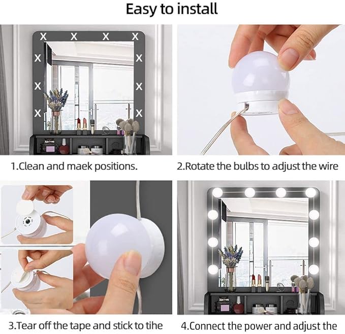 Andy's Orchids Vanity Mirror Lights Kit, Makeup Lights, Vanity Lights, Mirror Lights Strip, Adjustable Color and Brightness with 12 Bulbs, LED Light Bulbs, Dimmable Dressing Mirror Lamps Bulbs