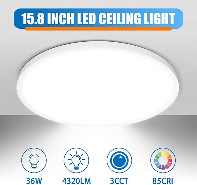 Allsmartlife Led Flush Mount Ceiling Light 2 Pack, 15.8 inch 32W 4320lm Dimmable Led Ceiling Light, 3000K/4000K/6500K, Round Led Light Fixture for Laundry Room, Hallway