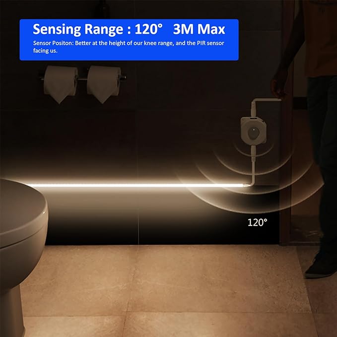 JOYLIT Motion Sensor LED Light Strip 3000K Warm White 16.4FT 15-300S Timing Off, Day or Night Lighting Modes 12V COB Dotless Tape Light for Closet, Cabinet, Stair, Mirror