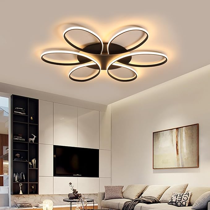 Modern LED Ceiling Light Fixture Black Flush Mount Ceiling Lamp with Remote Control Dimmable 6 Rings Flower Shaped Ideal for Living Room Bedroom Dining Room Kitchen(120CM/47.3IN)