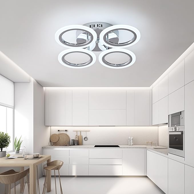 Modern LED Flush Mount Ceiling Light, 4 Rings, Chrome, 6000K for Bedroom, Dining, Living Room, Office