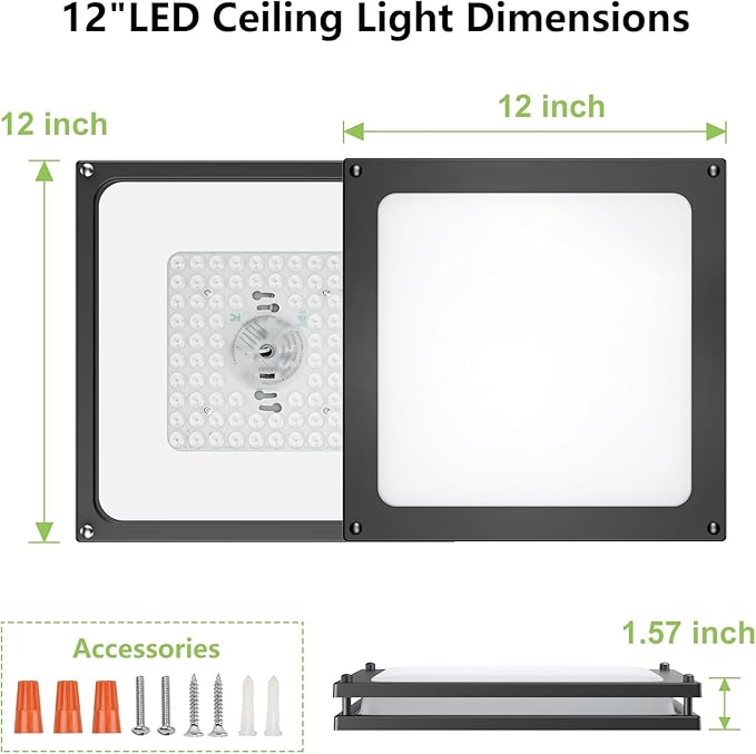 Square Ceiling Light Fixture - 36W 3000K/3500K/4000K/5000K/6000K Adjustable Flush Mount Led Light for Bathroom Bedroom Kitchen Hallway (2 Pack Black(5CCT), 12 Inch)