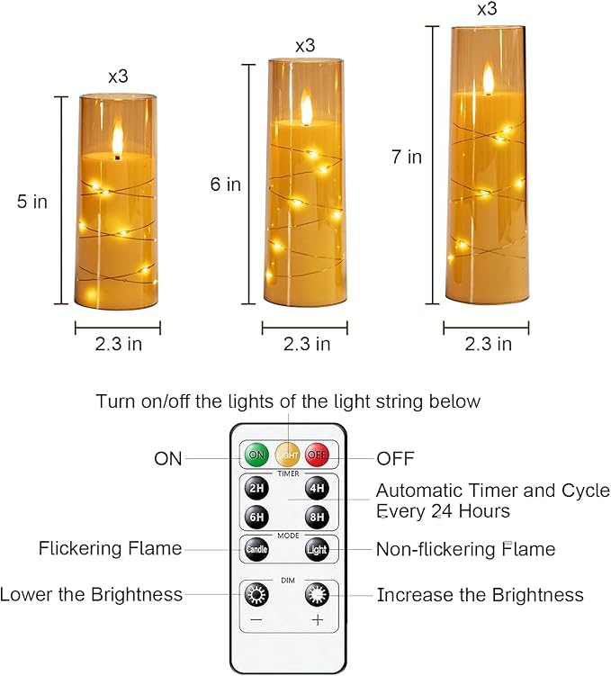 Raycare Flameless Candle with Remote Timer – 9 Flickering Acrylic Battery Operated LED Pillar Candles with Embedded Star String for Christmas, Home Decor, and as a Gift(Glod)