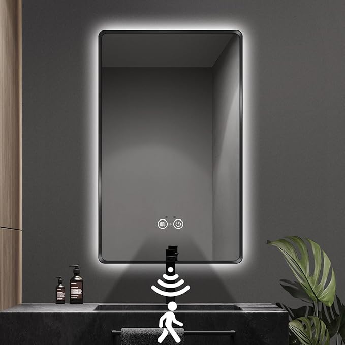 36"x24" Black Metal Framed LED Bathroom Mirror, Smart Bathroom Sensor Mirror with Backlit, Anti-Fog, Stepless Dimmable 3-Color, Lighted Vanity Wall Mirror, Rounded Corner