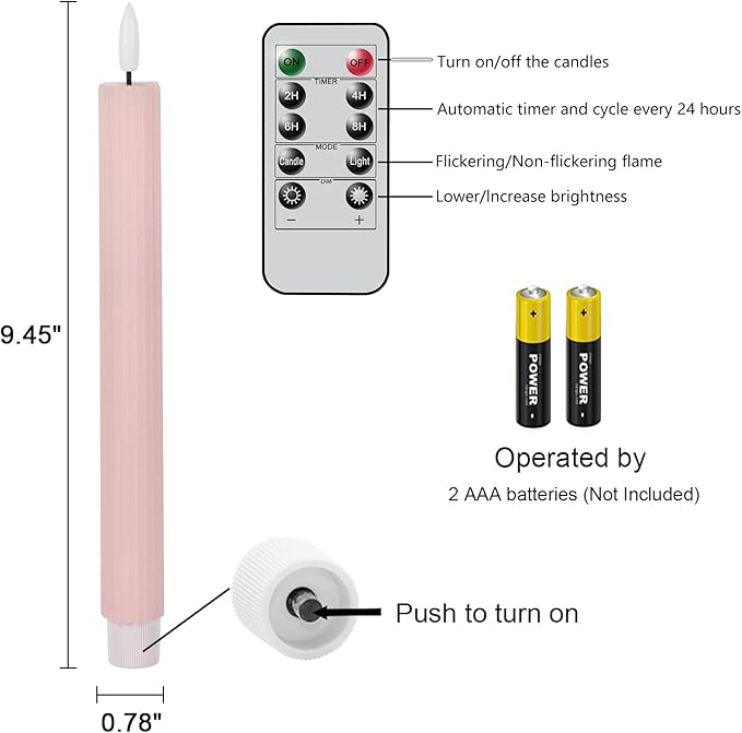 Wondise Pink Flameless Flickering Taper Candles with 10-Key Remote and Timer, Battery Operated 3D Wick Real Wax LED Taper Candles 6 Packs for Spring Dinner Holiday Decor(0.78 x 9.45 Inch)