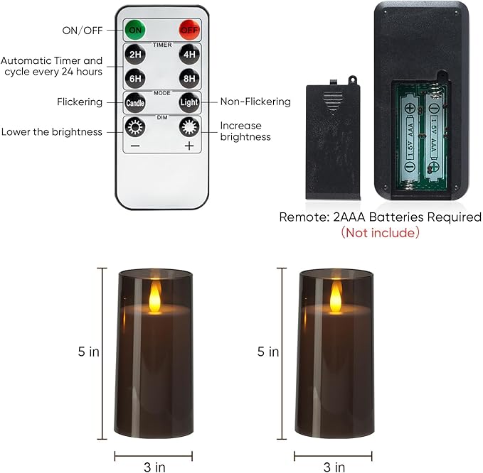 Amagic 3"×5" Gray Flameless Candles with Remote and Timer, Realistic Flickering Battery Operated Acrylic Led Fake Candles for Home Wedding Party Fall Christmas Decor, Set of 2