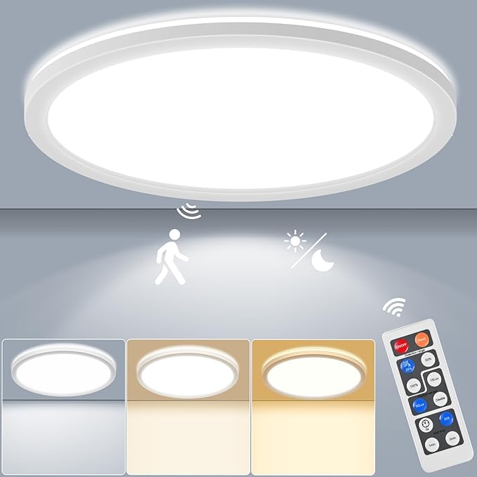 24W Motion Sensor LED Ceiling Light Wired, 2400lm 12Inch 2700K/4000K/6500K IP54 Flush Mount Lighting Fixture with Remote, Radar Motion Activated Ceiling Lamp for Hallway Laundry Porch Stair Closet