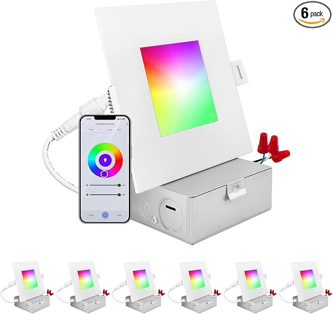 LUXRITE 4 Inch Square Smart LED Recessed Lighting, RGBW Color Changing, WiFi App Control, Voice Control with Alexa and Google Home, No Hub Required, 10.5W 700LM, CRI 90, IC Rated, Wet Rated (6 Pack)
