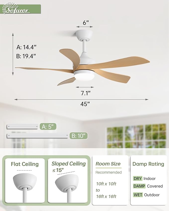 Sofucor 45 Inch Ceiling Fan with Lights and Remote, Indoor/Outdoor Ceiling Fan with Light 6-Speed 3 CCT 3-Timer, Low Profile Modern Ceiling Fan 5 Blade Quiet DC Motor for Bedroom Living Room Patio