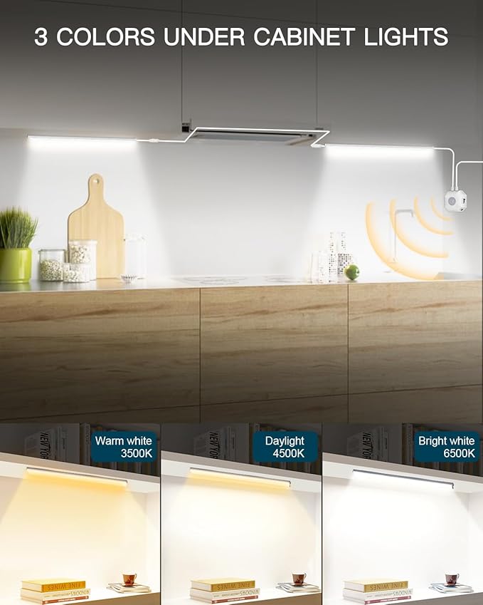 Daymeet Motion Sensor Dimmable 12 Inch Ultra Thin Under Cabinet Lighting, Under Cabinet Lights Plug in, Super Bright LED Lights Bar Under Counter Lights Indoor for Kitchen, Shelf, Closet (3 Pack)
