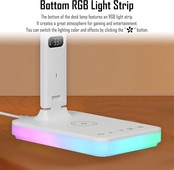 LED Desk Lamp with Wireless and Wired Charging, Foldable Table Light, 5 Brightness and 3 Lighting Modes, Time and Temperature Display, RGB Night Light, USB Powered (Single Head White)