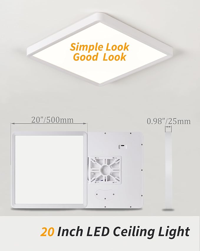 Square Led Flush Mount Ceiling Light,20 Inch 50w 4520lm led Light 3000k,4000k,6000k CCT Selectable,Flat Panel Super Slim Led Ceiling Light Fixture,for Living Dining Kitchen Bedroom Room (1Pack-White)