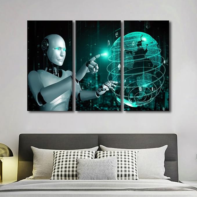 TUMOVO 3 Pieces Canvas Wall Art - AI Intelligence Pictures for Home Wall Decor Robot Canvas Painting Wall Art AI Artwork Giclee Gallery-wrapped Framed Ready to Hang, 60" Wx40 H