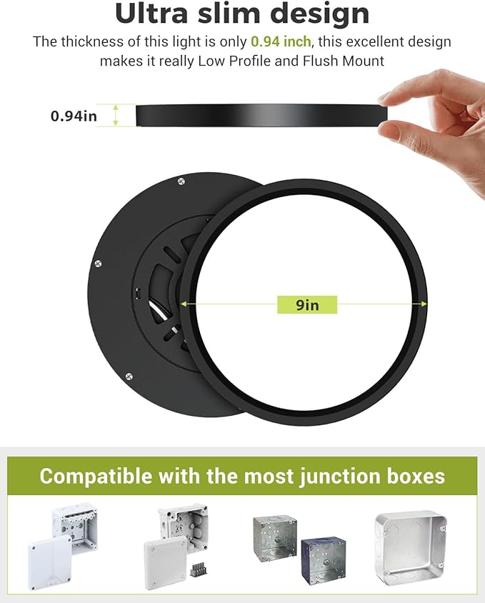1PACK LED Flush Mount Ceiling Light Fixture Black, 9Inch 24Watt, 3000k/4500k/6000K Ceiling Light, Ultra Slim Flush Mount LED Ceiling Lamp for Bedroom, Living Room, Kitchen, Hallway