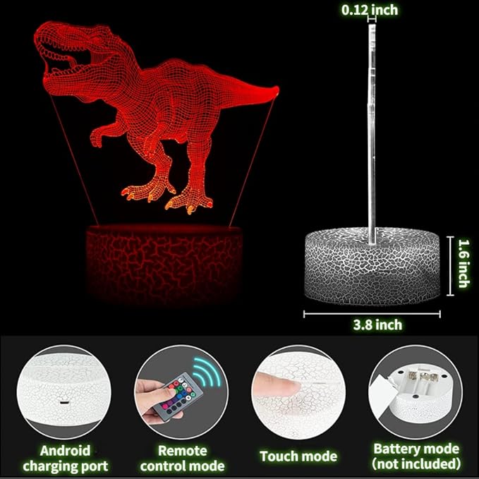 3D Hologram Dinosaur Night Light, 4 Patterns, Dimmable Remote/Smart Touch, 16 Color Changing Light, T-Rex Bedside Desk Lamp, Gift for Dinosaur Lovers