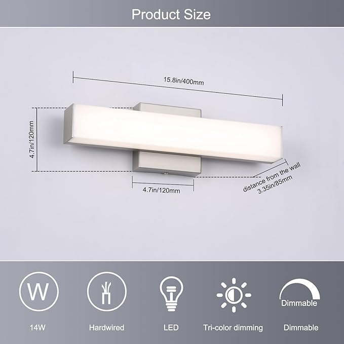 Brushed Nickel LED Vanity Lights for Bathroom 15.7inch Modern Bath Light Fixture Over Mirror 3 Color Temperature Adjustable 18W Anti-Fog Lighting for Bathroom, Dressing Table, Dressing Room