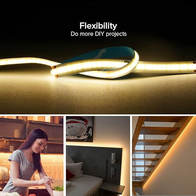 16.4FT COB LED Strip Light DC24V Warm White Flexible High Density Uniform Bright Strip, 320LEDs/m CRI90+ 8mm Dimmable 3000K LED Tape for Under Cabinet DIY Decor, No Power and Controller
