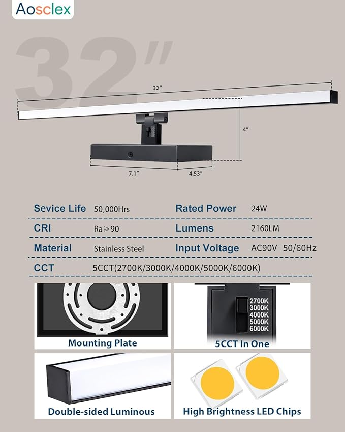 Aosclex 32 Inch Wall-Mounted Bathroom Lighting Fixtures, 180° Rotatable, 24W 2160LM, 5CCT Adjustable (2700K–6000K), Dimmable LED Light Fixture, Black Modern Bathroom Vanity Light, ETL Certificated
