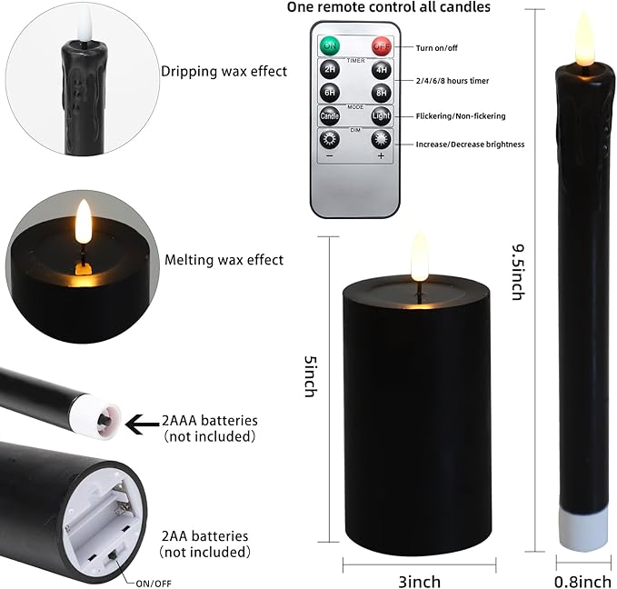 Lezonic Halloween Black Flameless Candles with Remote, Battery Operated Real Wax with Dripping Effect, Flickering LED Candles for Fireplace, Shelf, Centerpiece, Set of 4 (9.5" Taper & 5" Pillar