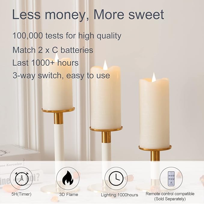 Flickering Flameless Candles with 3D Moving Flame, Last 1000+ Hours Battery Operated Candles with Timer, Ivory Real Wax Pillar Electric LED Candle for Wedding Christmas Party/3" x 7"