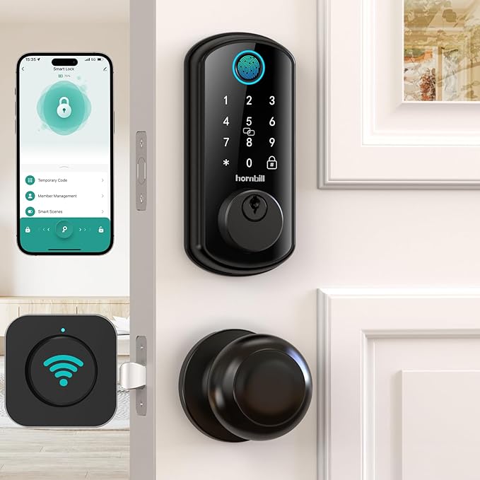 WiFi Smart Door Lock Set: Hornbill Keyless Entry Door Lock Deadbolt with Handle Set Fingerprint Front Door Lock with 2 Knobs Alexa Bluetooth Remote Code Auto Lock for Home Hotel Security Black