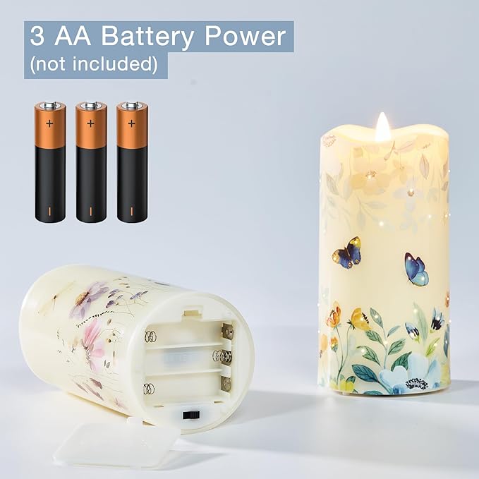 Eywamage Fiber Optic Flameless Pillar Candles with Remote Set of 3, Butterfly Floral Spring LED Candles Battery Operated Φ 3" H 6"