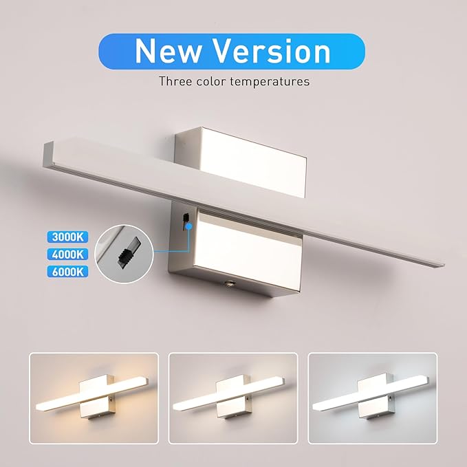 Combuh 16Inch LED Bathroom Vanity Light Bar Color Changing 3CCT Dimmable Shining Over Mirror Lighting Fixture Indoor Wall Sconces Modern 9W Chrome