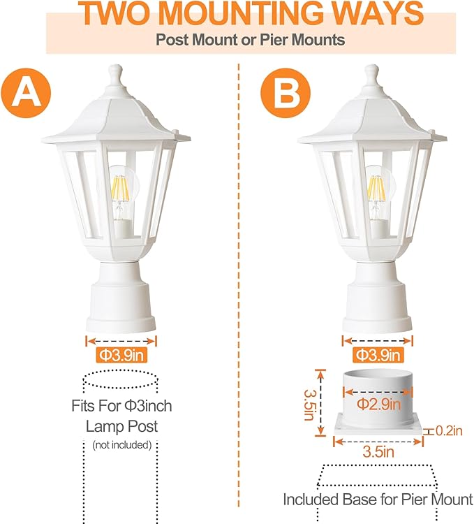FUDESY Outdoor Post Light, Outdoor White Lamp Post Light Fixture with Pier Mount Base, Waterproof Pole Light Fixture with E26 Socket, Exterior Lamp Post Lantern for Garden Yard Patio Pathway