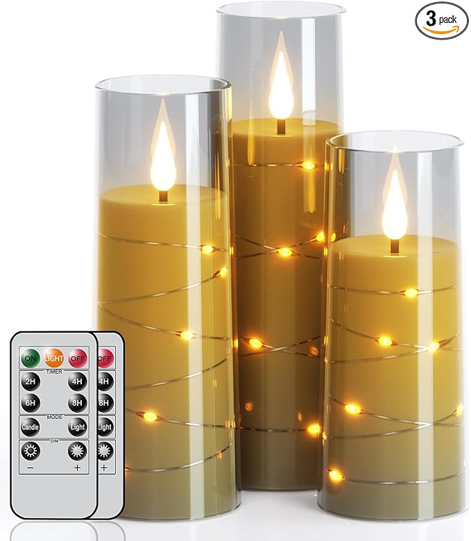 LED Candles Flickering with 2 Remote and Timer, 3 Pack Flameless Battery Operated Candles with 3D Flame and String Lights for Halloween Christmas Home Fall Fireplace Bedroom Decorations