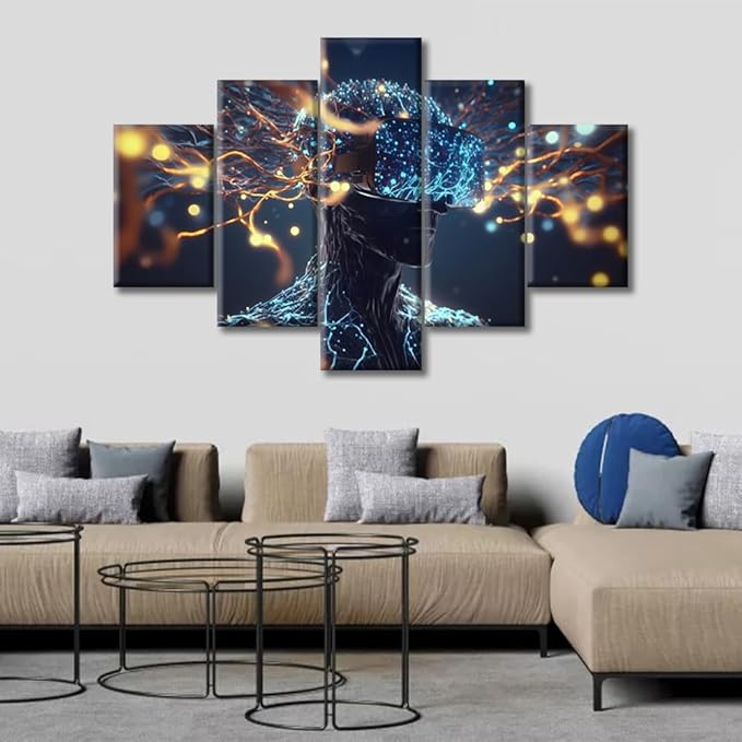 5 Pieces Canvas Prints Artificial Intelligence Technology Wall Art Modern Home Decor Brain Neural Human Head Poster Living Room Bedroom Decoration Artwork Painting Framed Ready to Hang, (60"Wx40"H)