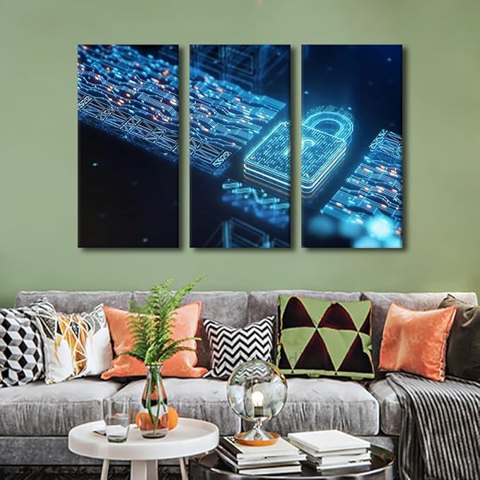 3 Panel Canvas Print Art Set Cyber Security Posters Modern Wall Art for Bedroom Living Room Wall Decorative, Cybersecurity Artwork Wooden Framed Gallery-Wrapped Ready to Hang, 42" Wx28 H