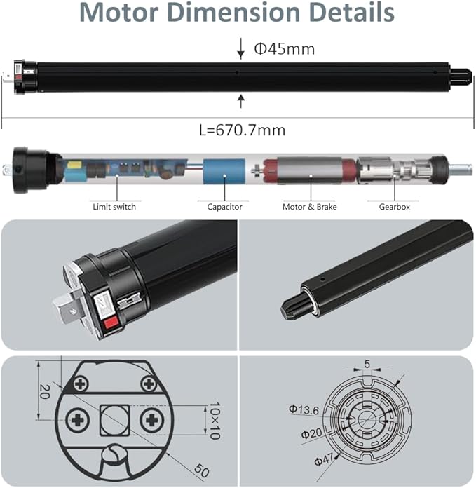 KNX Smart Tubular Motor 120V, Heavy Duty Electric Roller Shade Engine, Wired Automation Blind Drive, 433MHz Remote, Quiet Lift for Wood Blinds & Screens (20 N.m for Φ55mm （2-1/8") Octagonal Tube