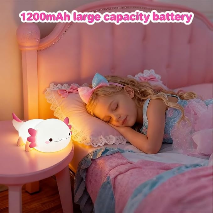 Cute Axolotl Night Light for Kids Bedroom, Animal Silicone Nursery Night Lamp Touch Control Nightlights USB Rechargeable Bedside Lamp for Baby Children Toddlers Girls Gift (Pink Axolotl+1)