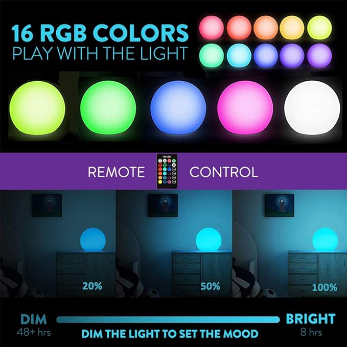 Mr.Go 16-inch Indoor/Outdoor Waterproof Rechargeable LED Glowing Ball Light Orb Globe Lamp w/Remote, 16 RGB Colors 4 Light Effects, Ideal Home Garden Pool Patio Party Ambient Decorative Lighting