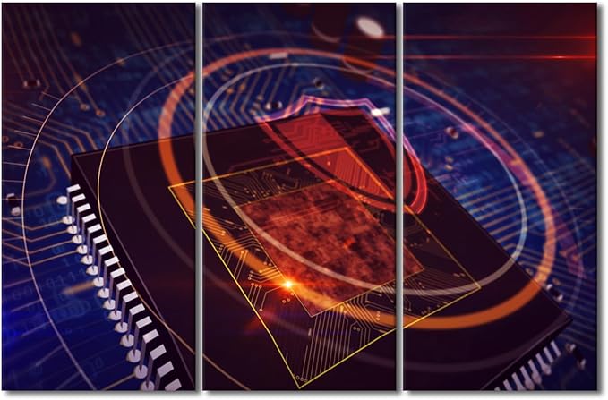 Wall Art for Living Room 3 Panel CPU on Board With Shield Hologram Display Pictures Posters for Home Room Office Club Decoration Wooden Framed Gallery-Wrapped Ready to Hang, 42" Wx28 H