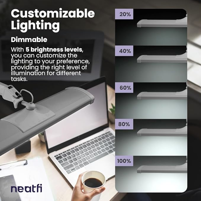Neatfi Ultra 3,500 Lumens LED Desk Lamp – 45W, 26” Wide Metal Shade, 270 SMD LEDs, Shadow-Free | Adjustable Brightness | Non-Flickering Task Light for Nail, Craft & Office (Non-CCT with Clamp, Silver)