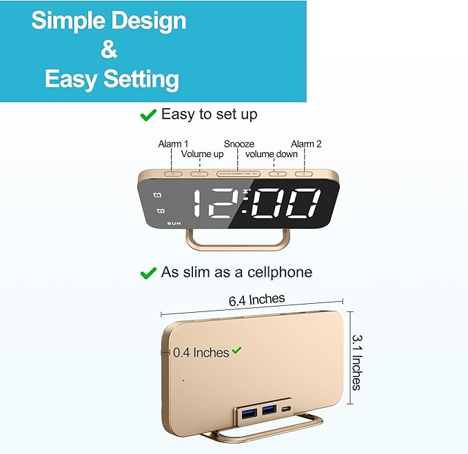 JALL Slim LED Digital Alarm Clock, Mirror Surface for Makeup, with Diming, Large Display, Easy Setting, USB Ports, Modern Decor for Bedroom, Desk, Idea for Women, Sister, College Girl, Black