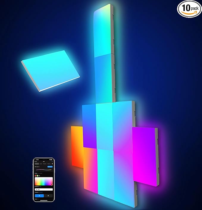 Rectangle LED Wall Lights Large, Smart Home Gaming Setup Lights RGB-IC DIY LED Light Panels Work with Alexa Google Assistant, APP & Voice Control, Music Sync for Bedroom Gaming Room TV Decor, 10 Pack