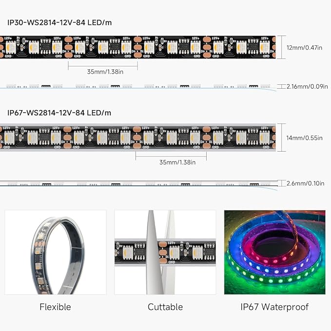 BTF-LIGHTING WS2814 IC RGBW RGB+Warm White(Similar WS2812B) DC12V 16.4FT 84LED/m 28pixel/m 4 Colors in 1 Dream Color Addressable LED Strip 14mm Width PCB IP67(No Adapter or Controller)