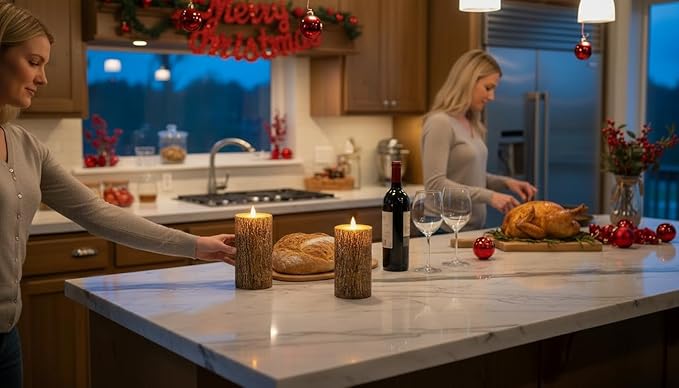 Brown Bark Wax Flameless Pillar Candles with Remote Timer, 3D Moving Flame Led Candles up to 400 Hours with 2AA Batteries, Set of 2(3''x6''), Remote Included (Brown).
