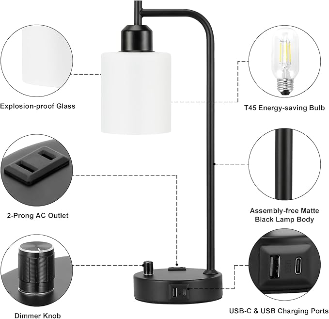 Industrial Bedroom Lamps for Nightstand Set of 2 - Fully Dimmable Bedside Lamps with USB A C Ports and Outlet, Black Table Lamps with Opal Glass Shade for Living Room, Desk Lamps for Office Reading