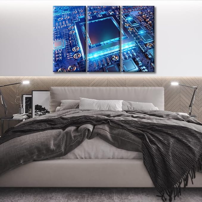 Canvas Wall Art Computer Processors CPU Wall Art for Living Room 3 Piece Modern GPU Card with Circuit and Colorful Lights Wall Decor Living Room Print on Canvas Framed Ready to Hang (60"Wx40"H)