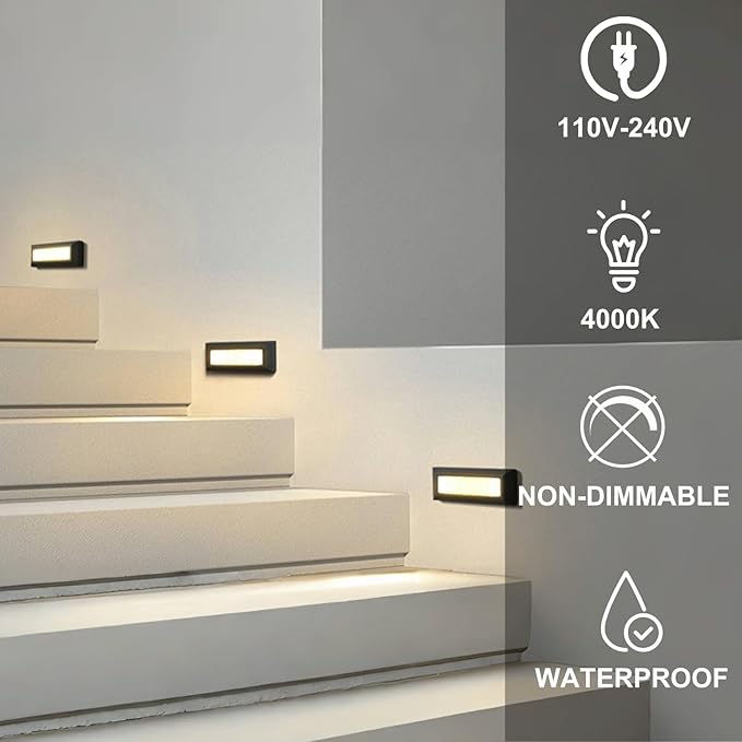 ZONK Outdoor LED Step Lights 110V-240V, 3W 4000K Non-dimmable LED Stair Lights, Waterproof IP65 Retaining Wall Lights for House（Pack of 3